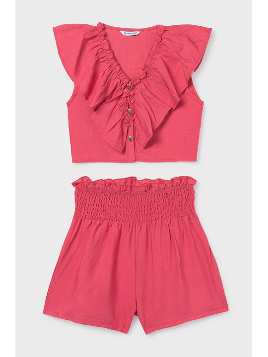 MAYORAL KOMPLET DLA DZIEWCZYNKI KRÓTKIE SPODENKI I BLUZKA Z FALBANKĄ 6207/78