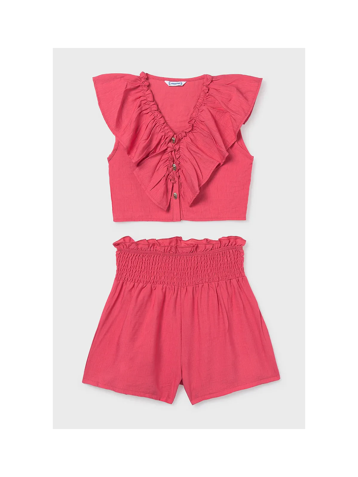 MAYORAL KOMPLET DLA DZIEWCZYNKI KRÓTKIE SPODENKI I BLUZKA Z FALBANKĄ 6207/78