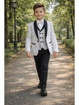 GIOVANNI PERA GARNITUR BIAŁY CZARNY BROKAT  MARYNARKA KAMIZELKA I SPODNIE KF61/05