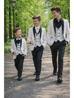 GIOVANNI PERA GARNITUR BIAŁY CZARNY BROKAT  MARYNARKA KAMIZELKA I SPODNIE KF61/05