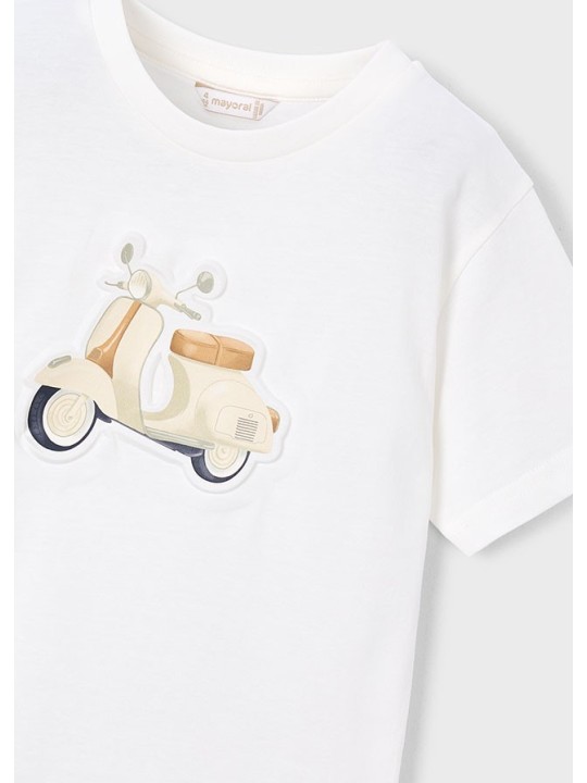 MAYORAL T-SHIRT BLUZKA KOSZULKA NA KRÓTKI RĘKAW DLA CHŁOPCA BIAŁA  WYTŁOCZONY MOTOR 3059/26