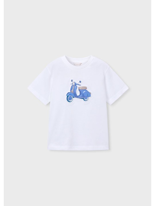 MAYORAL T-SHIRT BLUZKA KOSZULKA NA KRÓTKI RĘKAW DLA CHŁOPCA BIAŁA  WYTŁOCZONY MOTOR 3059/27