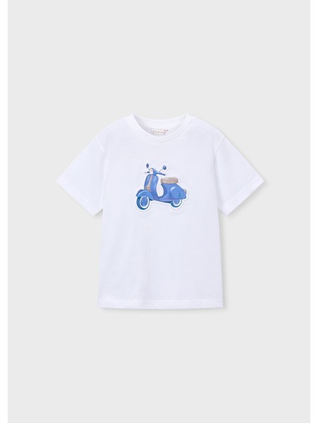 MAYORAL T-SHIRT BLUZKA KOSZULKA NA KRÓTKI RĘKAW DLA CHŁOPCA BIAŁA  WYTŁOCZONY MOTOR 3059/27