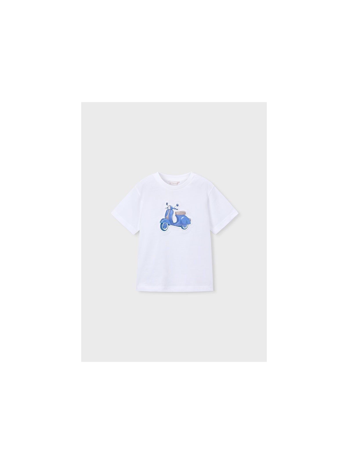 MAYORAL T-SHIRT BLUZKA KOSZULKA NA KRÓTKI RĘKAW DLA CHŁOPCA BIAŁA  WYTŁOCZONY MOTOR 3059/27