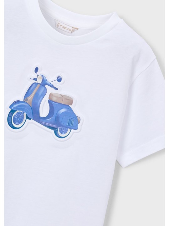 MAYORAL T-SHIRT BLUZKA KOSZULKA NA KRÓTKI RĘKAW DLA CHŁOPCA BIAŁA  WYTŁOCZONY MOTOR 3059/27
