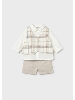 MAYORAL NEWBORN KOMPLET KOSZULA KAMIZELKA W KRATKĘ SPODENKI BEŻ 1269/23