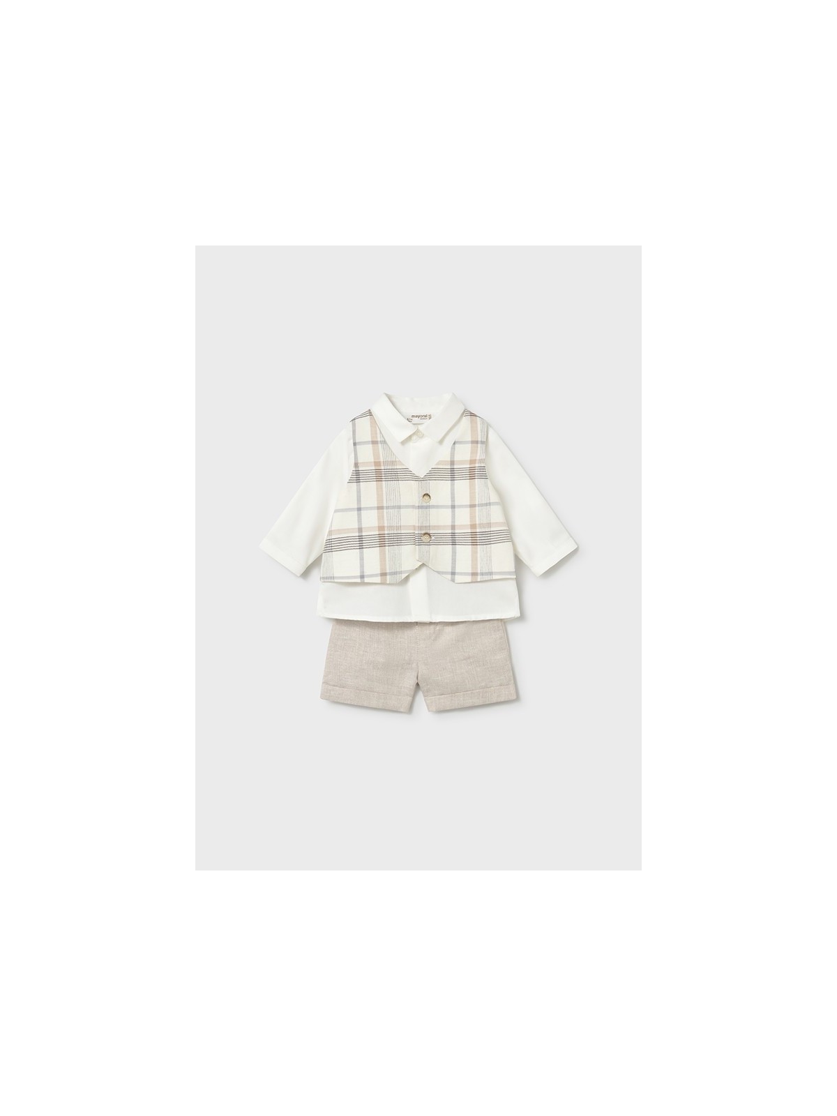 MAYORAL NEWBORN KOMPLET KOSZULA KAMIZELKA W KRATKĘ SPODENKI BEŻ 1269/23