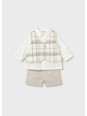 MAYORAL NEWBORN KOMPLET KOSZULA KAMIZELKA W KRATKĘ SPODENKI BEŻ 1269/23