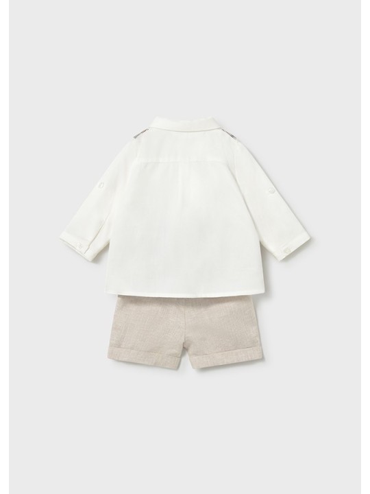 MAYORAL NEWBORN KOMPLET KOSZULA KAMIZELKA W KRATKĘ SPODENKI BEŻ 1269/23