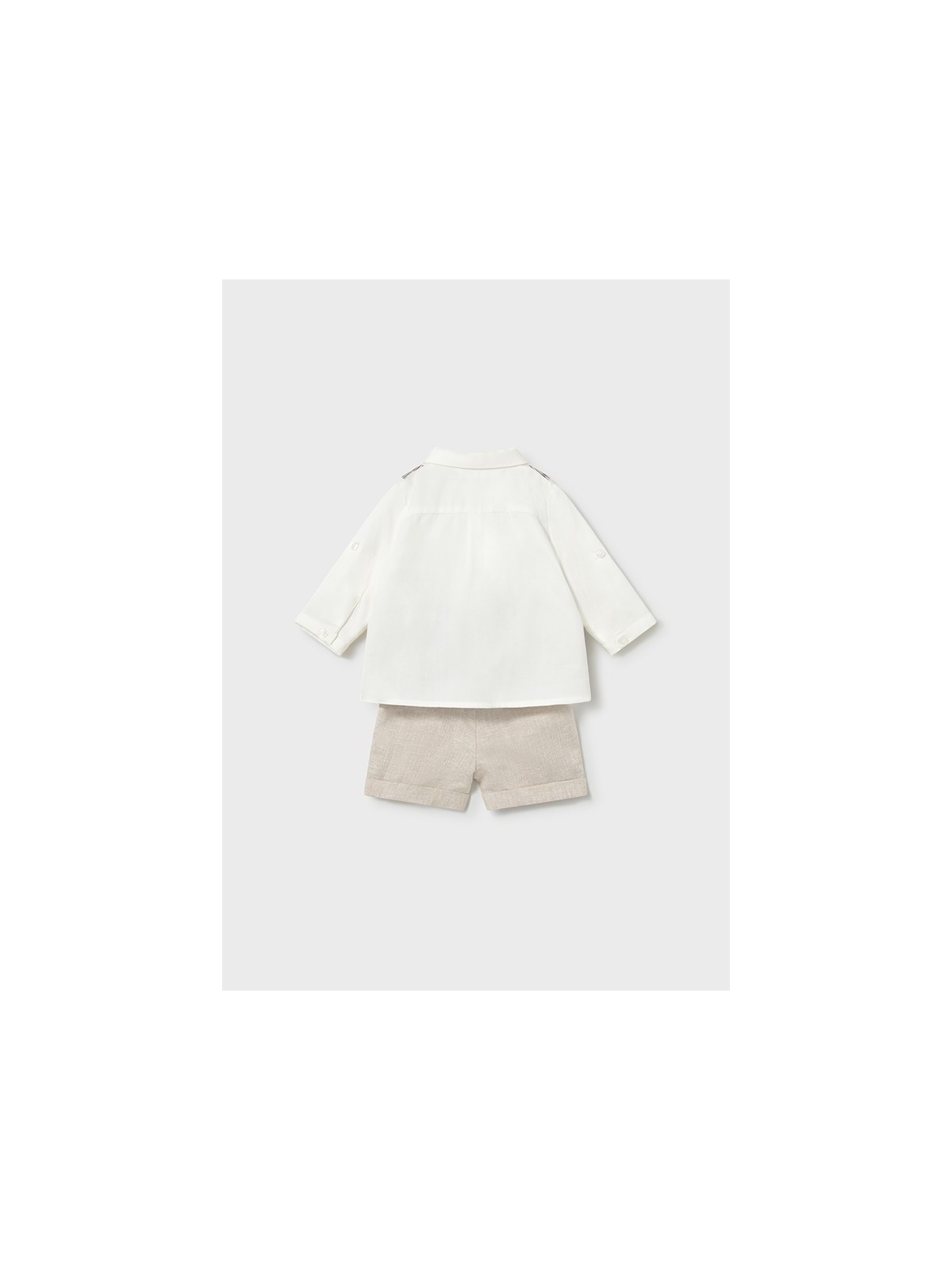 MAYORAL NEWBORN KOMPLET KOSZULA KAMIZELKA W KRATKĘ SPODENKI BEŻ 1269/23