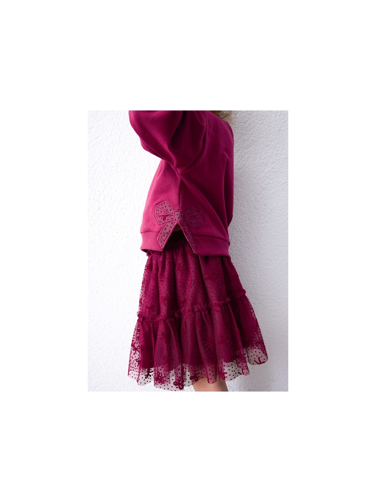 MAYORAL KOMPLET BLUZA PLUS SPÓDNICZKA BORDOWY  Z KOKARDKAMI 4934/60