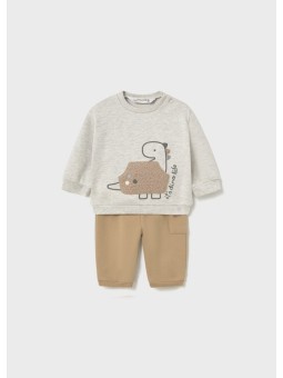MAYORAL NEWBORN KOMPLET SPODNIE  MELANŻOWA BLUZA Z DINOZAUREM PLUS BEŻOWE SPODNIE DRESOWE 2665/33
