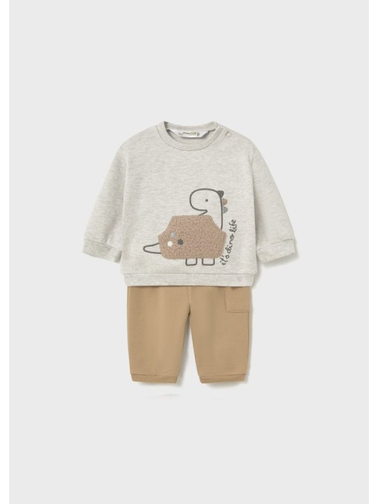 MAYORAL NEWBORN KOMPLET SPODNIE  MELANŻOWA BLUZA Z DINOZAUREM PLUS BEŻOWE SPODNIE DRESOWE 2665/33