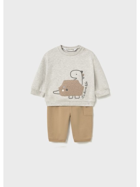 MAYORAL NEWBORN KOMPLET SPODNIE  MELANŻOWA BLUZA Z DINOZAUREM PLUS BEŻOWE SPODNIE DRESOWE 2665/33
