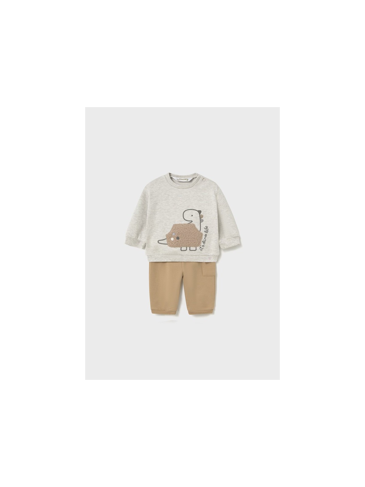 MAYORAL NEWBORN KOMPLET SPODNIE  MELANŻOWA BLUZA Z DINOZAUREM PLUS BEŻOWE SPODNIE DRESOWE 2665/33
