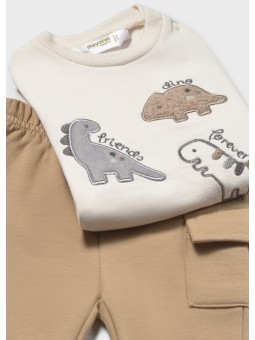 MAYORAL NEWBORN KOMPLET SPODNIE  MELANŻOWA BLUZA Z DINOZAUREM PLUS BEŻOWE SPODNIE DRESOWE 2665/33