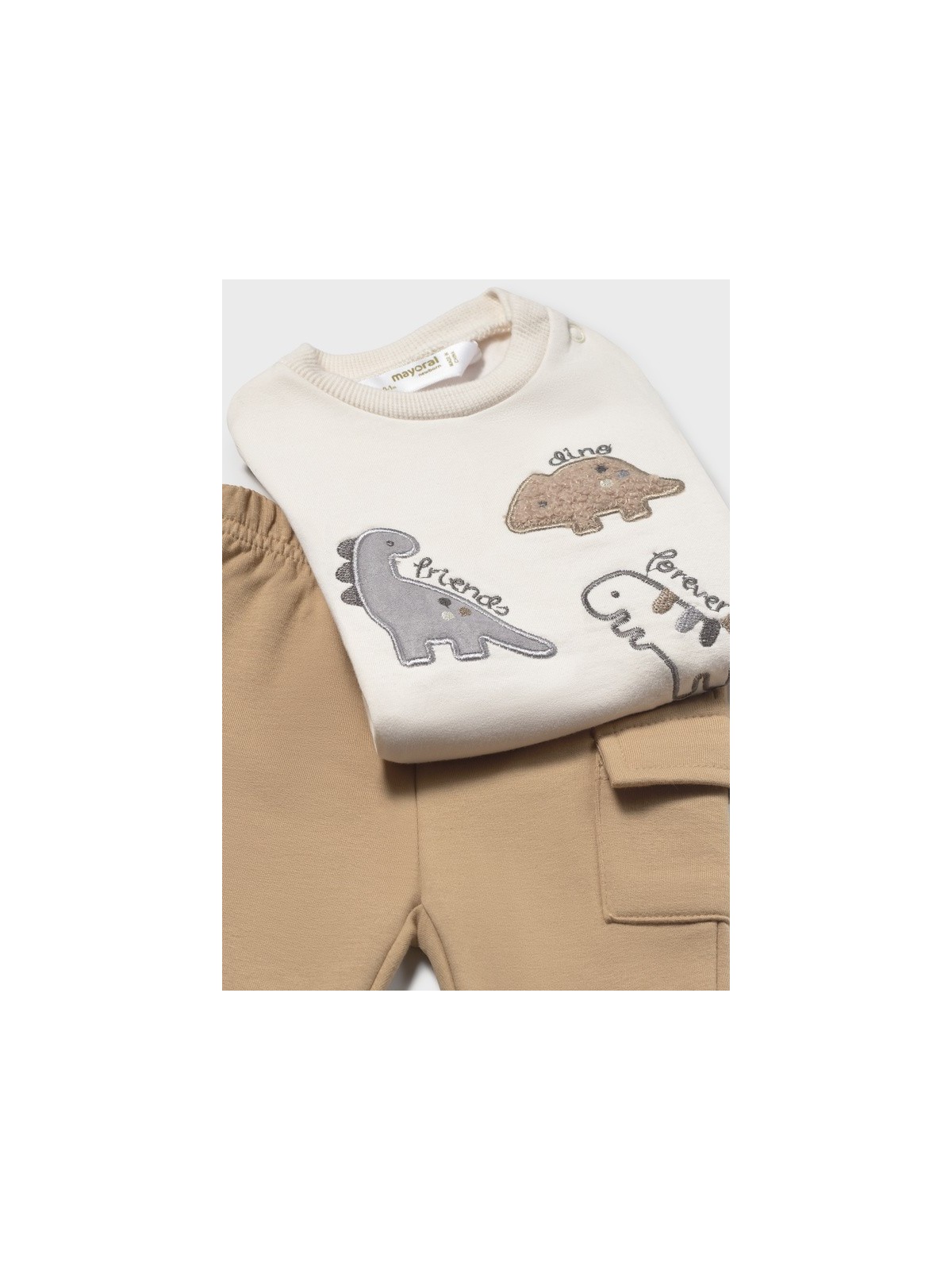 MAYORAL NEWBORN KOMPLET SPODNIE  MELANŻOWA BLUZA Z DINOZAUREM PLUS BEŻOWE SPODNIE DRESOWE 2665/33