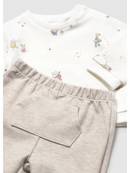MAYORAL NEWBORN KOMPLET DLA CHŁOPCA BLUZA KREMOWA W NADRUKI PLUS BEŻOWE SPODNIE DRESOWE 2666/36