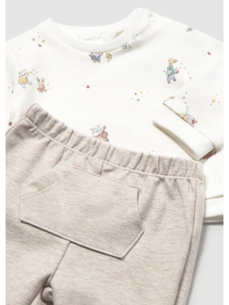 MAYORAL NEWBORN KOMPLET DLA CHŁOPCA BLUZA KREMOWA W NADRUKI PLUS BEŻOWE SPODNIE DRESOWE 2666/36