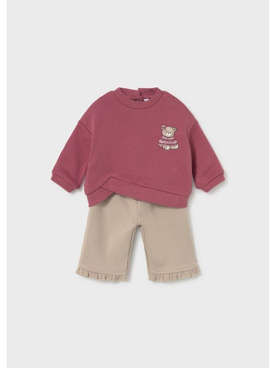 MAYORAL NEWBORN KOMPLET DLA DZIEWCZYNKI BLUZA Z HAFTEM PLUS BEŻOWE SPODNIE Z FALBANKĄ 2674/68