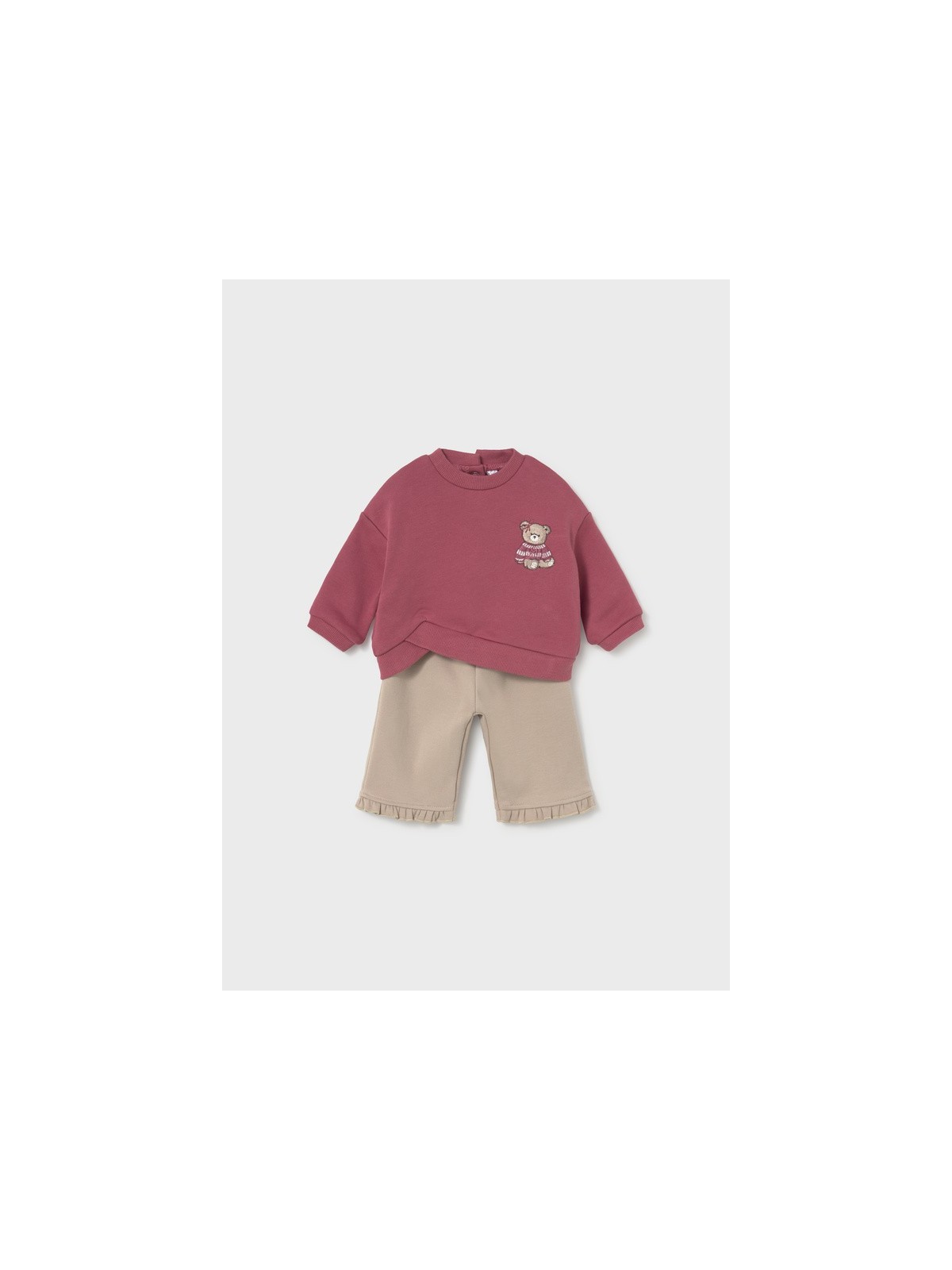 MAYORAL NEWBORN KOMPLET DLA DZIEWCZYNKI BLUZA Z HAFTEM PLUS BEŻOWE SPODNIE Z FALBANKĄ 2674/68