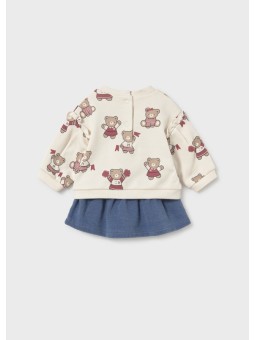 MAYORAL NEWBORN KOMPLET BLUZA KREMOWA W MISIE PLUS SPÓDNICZKA NIEBIESKA 2674