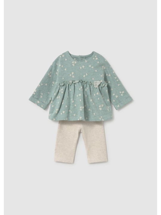 MAYORAL NEWBORN KOMPLET DLA DZIEWCZYNKI BLUZA ZIELONA W SERDUSZKA PLUS BEŻOWE LEGINSY 2758/24
