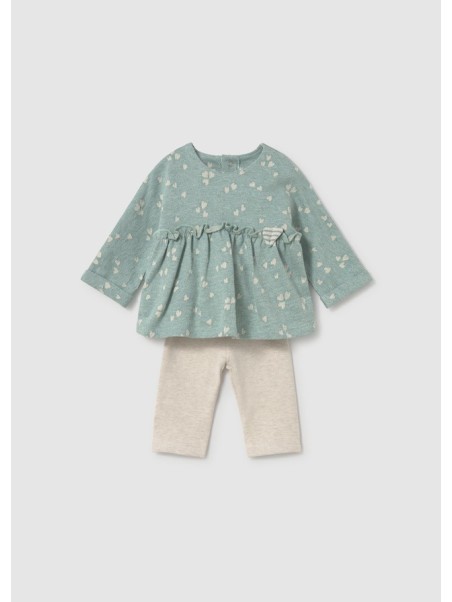 MAYORAL NEWBORN KOMPLET DLA DZIEWCZYNKI BLUZA ZIELONA W SERDUSZKA PLUS BEŻOWE LEGINSY 2758/24
