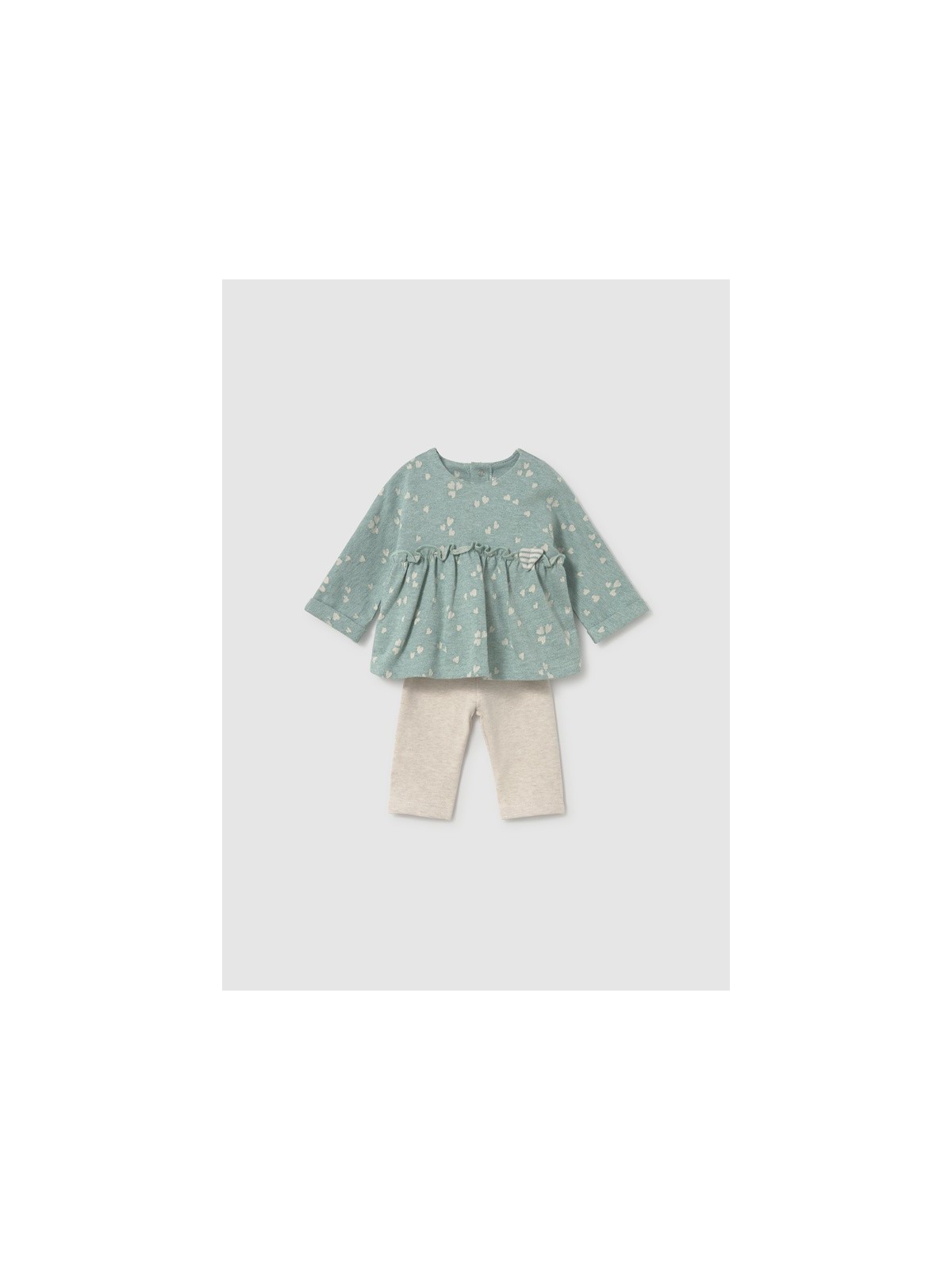 MAYORAL NEWBORN KOMPLET DLA DZIEWCZYNKI BLUZA ZIELONA W SERDUSZKA PLUS BEŻOWE LEGINSY 2758/24