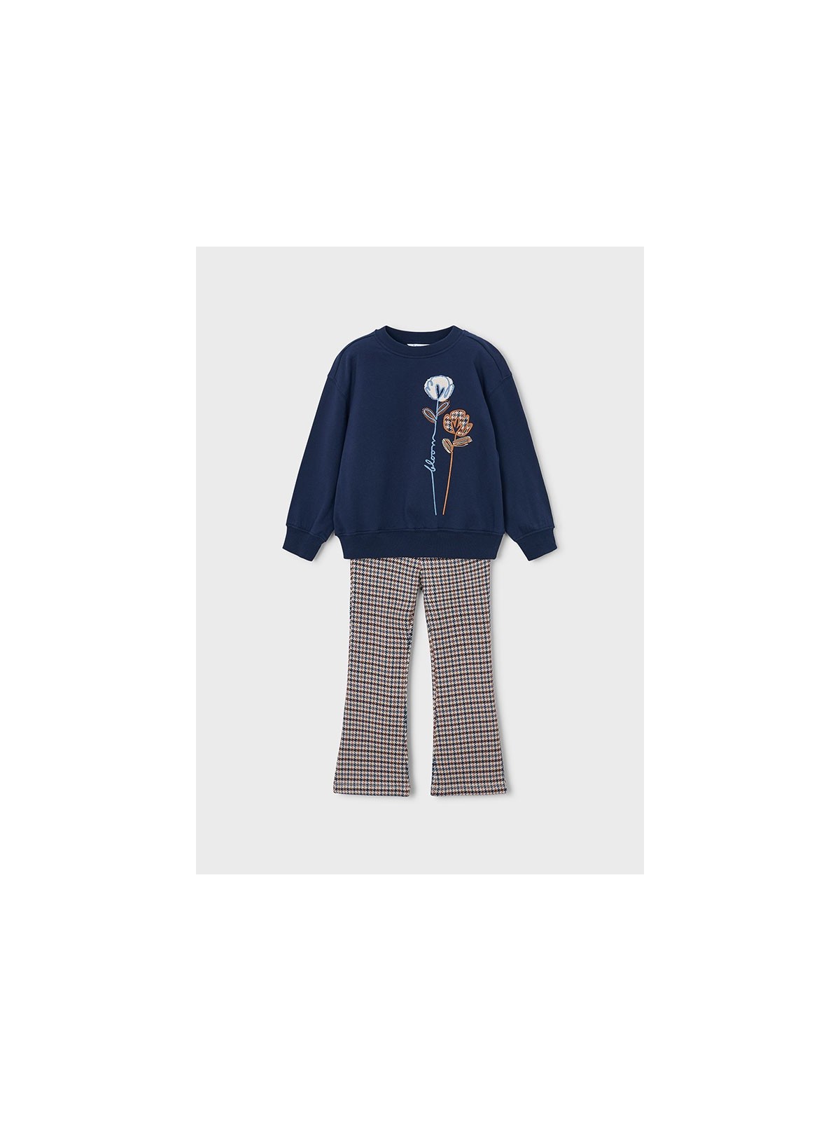 MAYORAL KOMPLET DLA DZIEWCZYNKI BLUZA GRANATOWA Z HAFTAMI PLUS LEGINSY DZWONY 4738/80