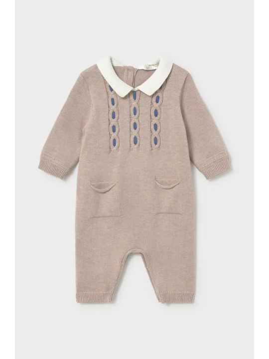 MAYORAL NEWBORN PAJAC DZIANINOWY DLA CHŁOPCA BEŻ NIEBIESKI Z KOŁNIERZYKIEM 2601/19