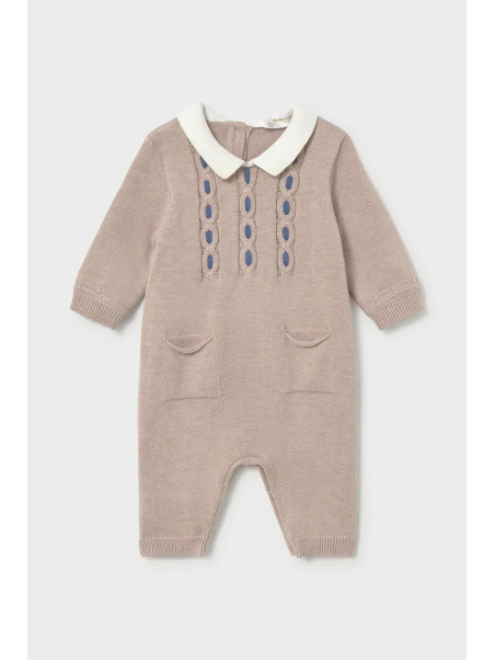 MAYORAL NEWBORN PAJAC DZIANINOWY DLA CHŁOPCA BEŻ NIEBIESKI Z KOŁNIERZYKIEM 2601/19