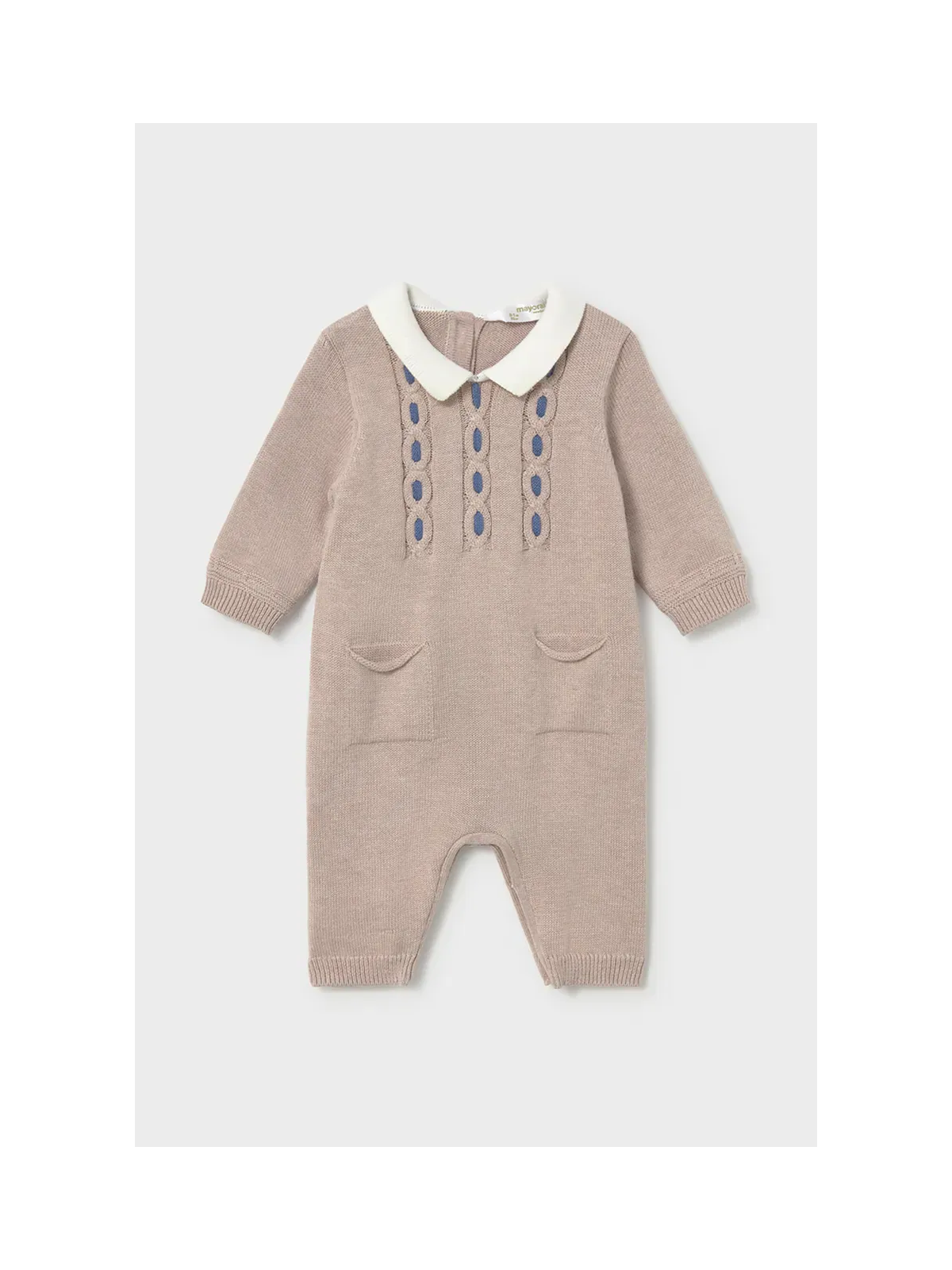 MAYORAL NEWBORN PAJAC DZIANINOWY DLA CHŁOPCA BEŻ NIEBIESKI Z KOŁNIERZYKIEM 2601/19