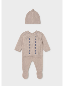 MAYORAL NEWBORN KOMPLET DZIANINOWY DLA CHŁOPCA BLUZKA SPODNIE CZAPECZKA BEŻ 2503/50