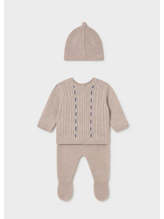 MAYORAL NEWBORN KOMPLET DZIANINOWY DLA CHŁOPCA BLUZKA SPODNIE CZAPECZKA BEŻ 2503/50