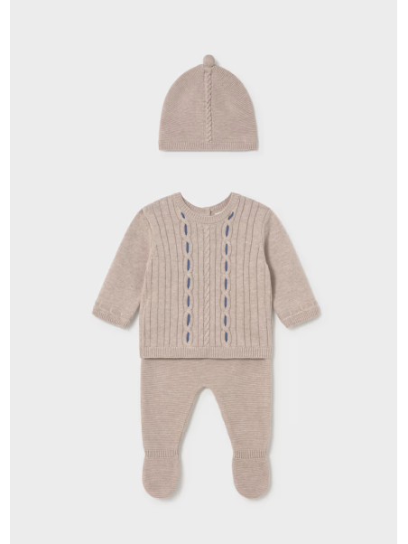 MAYORAL NEWBORN KOMPLET DZIANINOWY DLA CHŁOPCA BLUZKA SPODNIE CZAPECZKA BEŻ 2503/50