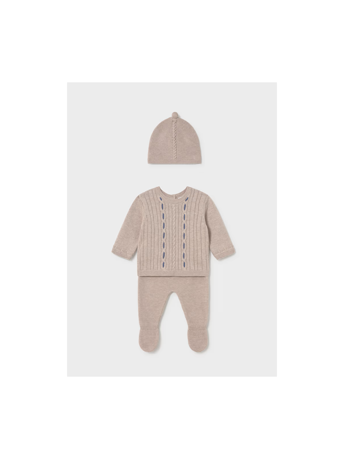 MAYORAL NEWBORN KOMPLET DZIANINOWY DLA CHŁOPCA BLUZKA SPODNIE CZAPECZKA BEŻ 2503/50