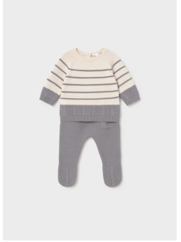 MAYORAL NEWBORN KOMPLET DZIANINOWY DLA CHŁOPCA BLUZKA SPODNIE KREMOWO SZARY 2505/65