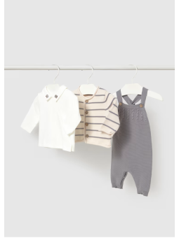MAYORAL NEWBORN KOMPLET DZIANINOWY DLA CHŁOPCA BLUZKA SPODNIE OGRODNICZKI PLUS SWETEREK 2609/28