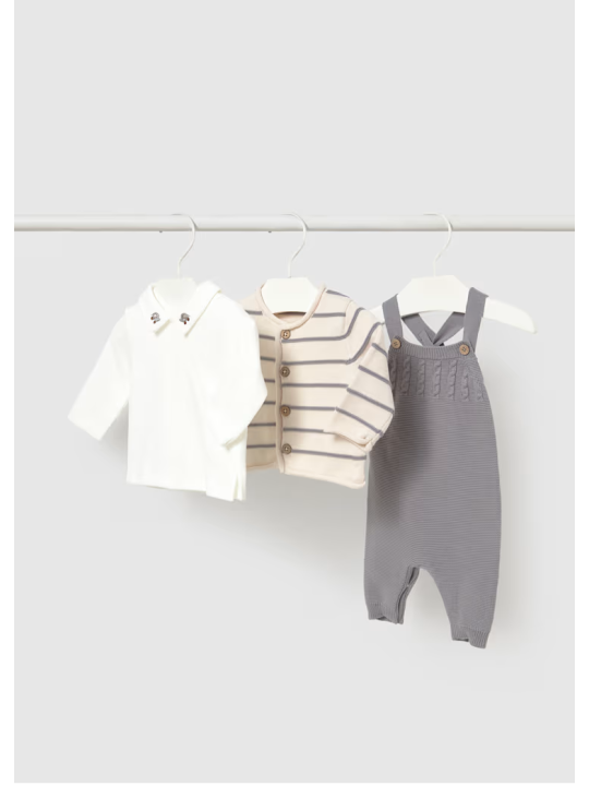 MAYORAL NEWBORN KOMPLET DZIANINOWY DLA CHŁOPCA BLUZKA SPODNIE OGRODNICZKI PLUS SWETEREK 2609/28