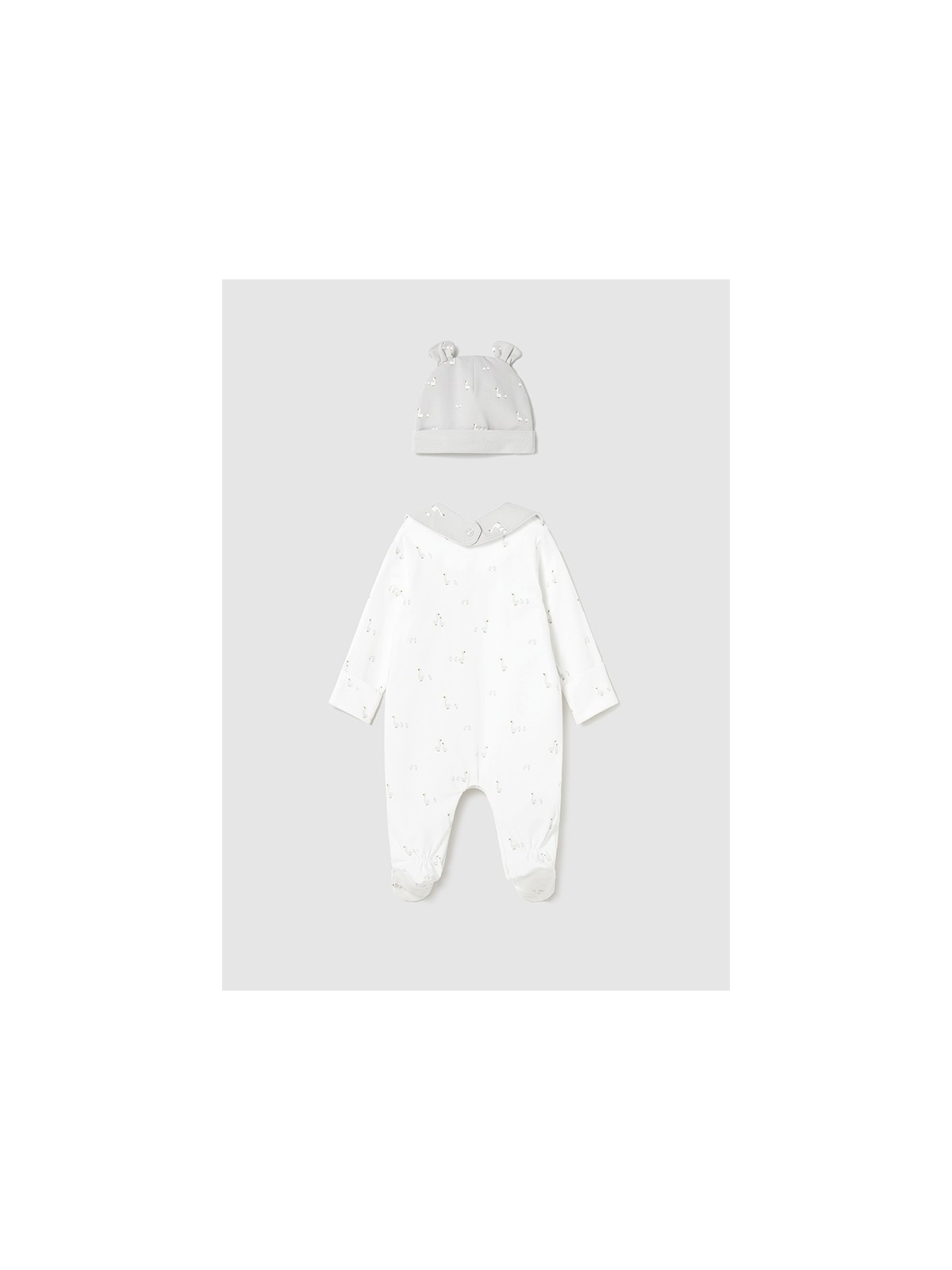 MAYORAL NEWBORN  PAJAC ŚPIOCHY W KOMPLECIE Z CZAPECZKĄ I ŚLINIAKIEM BIAŁE W SZARE GĄSKI 1728/79