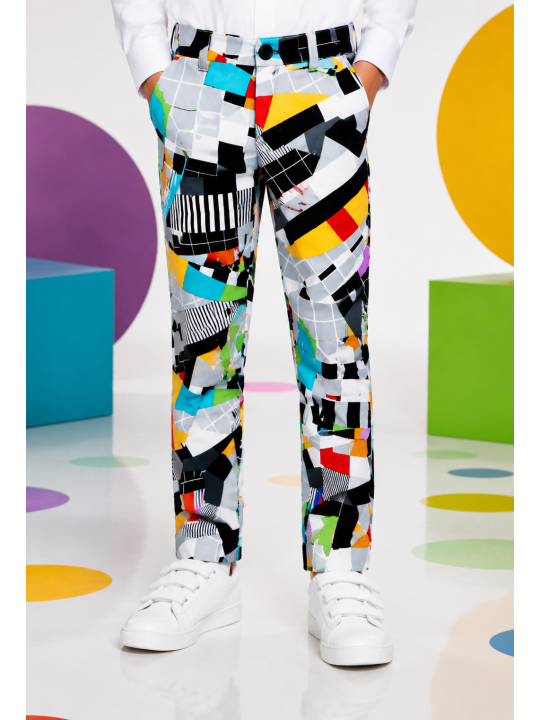 OPPOSUITS KOLOROWY GARNITUR DLA CHŁOPCA W GEOMETRYCZNY WZÓR TESTIVAL MARYNARKA , SPODNIE PLUS KRAWAT OSBO-0001