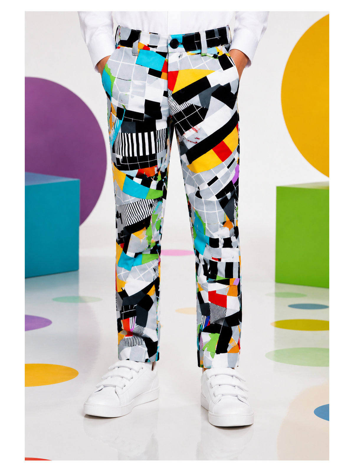 OPPOSUITS KOLOROWY GARNITUR DLA CHŁOPCA W GEOMETRYCZNY WZÓR TESTIVAL MARYNARKA , SPODNIE PLUS KRAWAT OSBO-0001