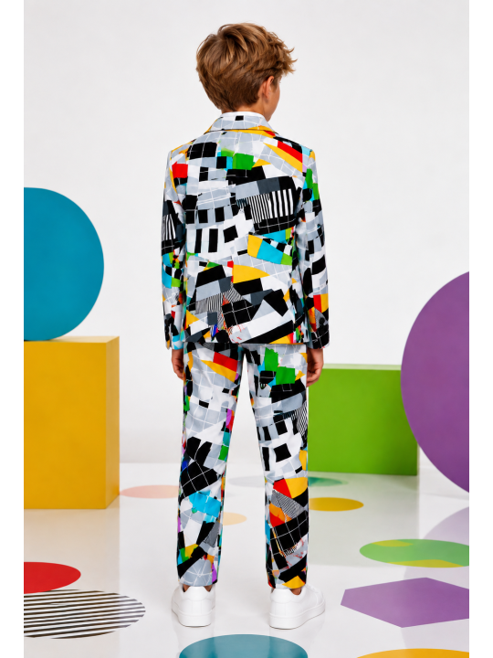 OPPOSUITS KOLOROWY GARNITUR DLA CHŁOPCA W GEOMETRYCZNY WZÓR TESTIVAL MARYNARKA , SPODNIE PLUS KRAWAT OSBO-0001