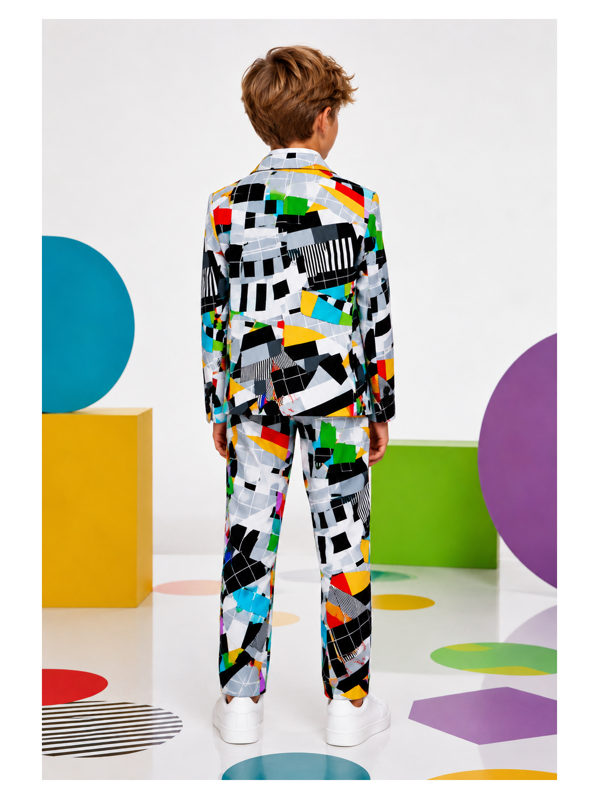 OPPOSUITS KOLOROWY GARNITUR DLA CHŁOPCA W GEOMETRYCZNY WZÓR TESTIVAL MARYNARKA , SPODNIE PLUS KRAWAT OSBO-0001
