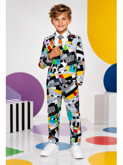 OPPOSUITS KOLOROWY GARNITUR DLA CHŁOPCA W GEOMETRYCZNY WZÓR TESTIVAL MARYNARKA , SPODNIE PLUS KRAWAT OSBO-0001