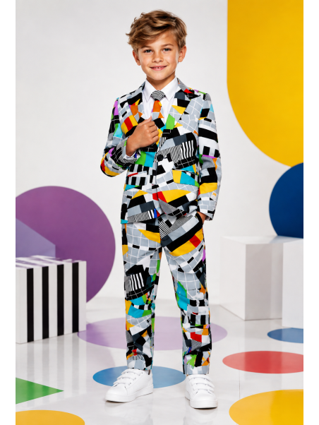 OPPOSUITS KOLOROWY GARNITUR DLA CHŁOPCA W GEOMETRYCZNY WZÓR TESTIVAL MARYNARKA , SPODNIE PLUS KRAWAT OSBO-0001