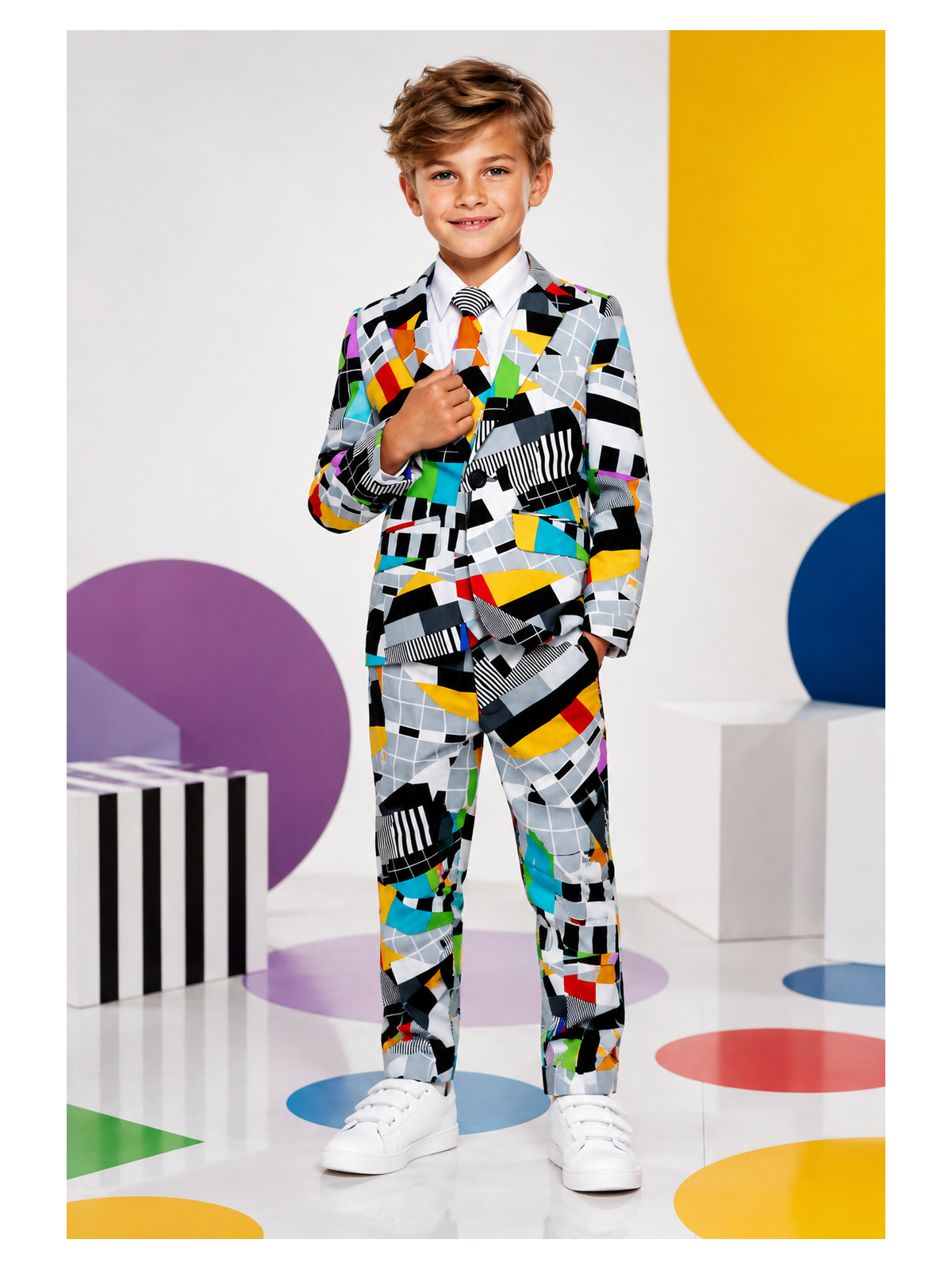 OPPOSUITS KOLOROWY GARNITUR DLA CHŁOPCA W GEOMETRYCZNY WZÓR TESTIVAL MARYNARKA , SPODNIE PLUS KRAWAT OSBO-0001