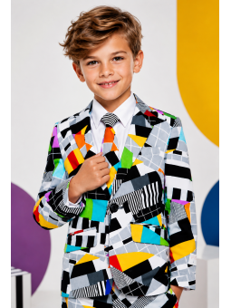 OPPOSUITS KOLOROWY GARNITUR DLA CHŁOPCA W GEOMETRYCZNY WZÓR TESTIVAL MARYNARKA , SPODNIE PLUS KRAWAT OSBO-0001