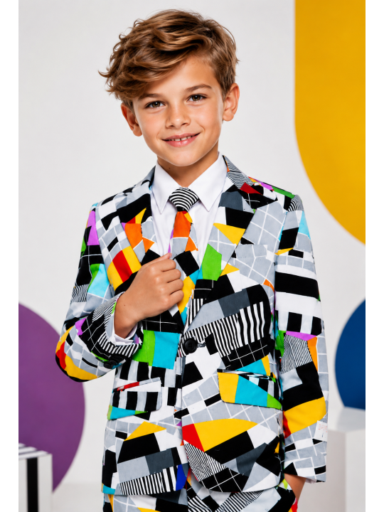 OPPOSUITS KOLOROWY GARNITUR DLA CHŁOPCA W GEOMETRYCZNY WZÓR TESTIVAL MARYNARKA , SPODNIE PLUS KRAWAT OSBO-0001